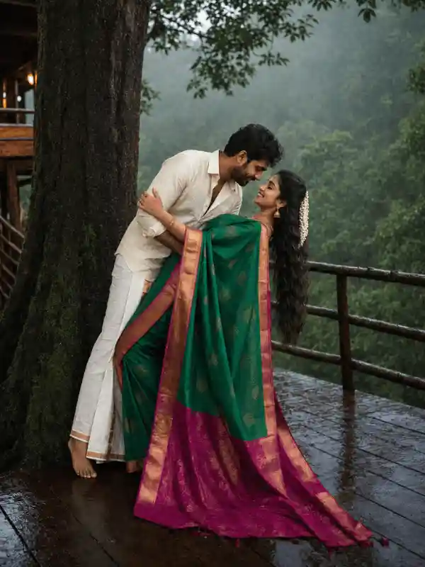 Romantic couple AI prompt Indian wide shot with a laughing South Indian couple