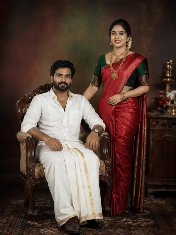 Heritage-style traditional couple portrait for Gemini AI with saree and dhoti styling
