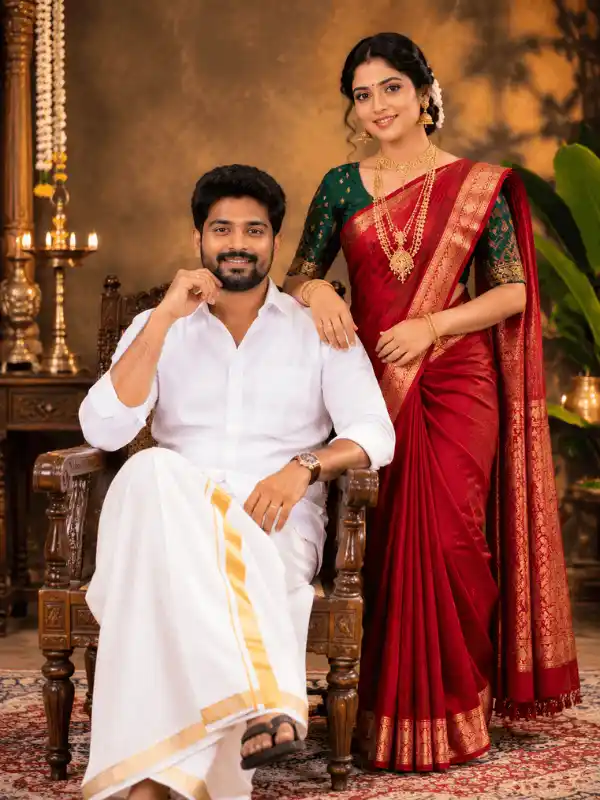 Luxury ethnic fashion traditional couple portrait for Gemini AI