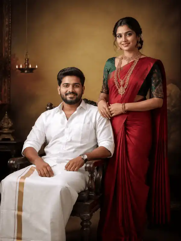 Soft candid traditional Indian couple portrait made with a traditional couple prompt for Gemini AI