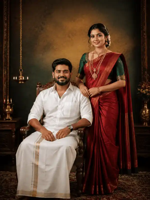 Symmetrical traditional Indian couple portrait generated from a Gemini AI prompt