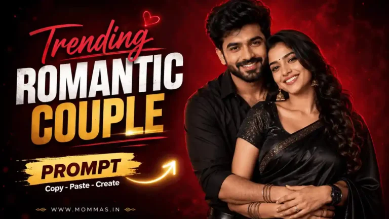 Romantic Indian couple in black outfits posing in a crimson studio for a trending couple prompt ChatGPT guide