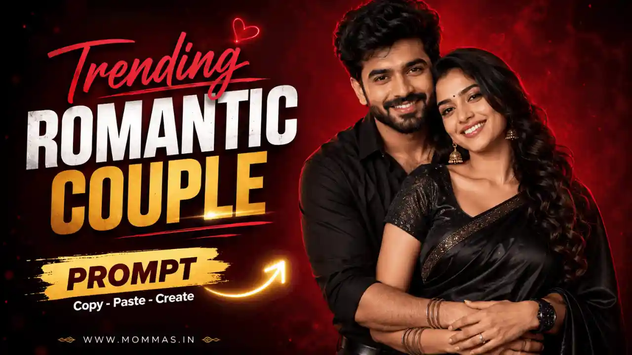 trending couple prompt chatgpt romantic studio.webp Romantic Indian couple in black outfits posing in a crimson studio for a trending couple prompt ChatGPT guide